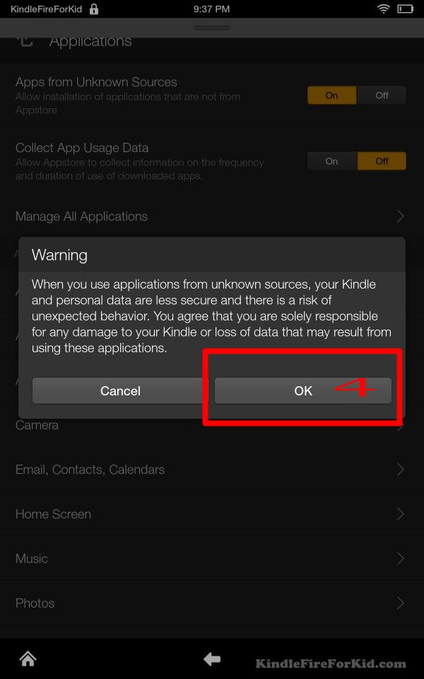 sideload android apps Kindle Fire, Kindle Fire HD and Kindle Fire HDX: warning message when enabling apps from unknown sources