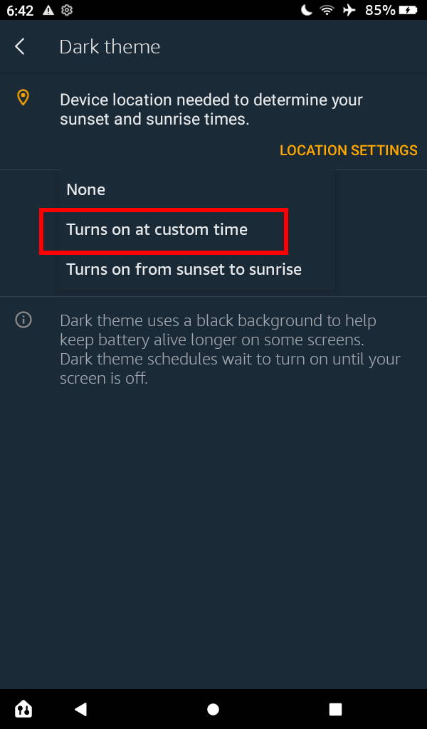 The options for scheduling Dark Theme on Fire tablets.