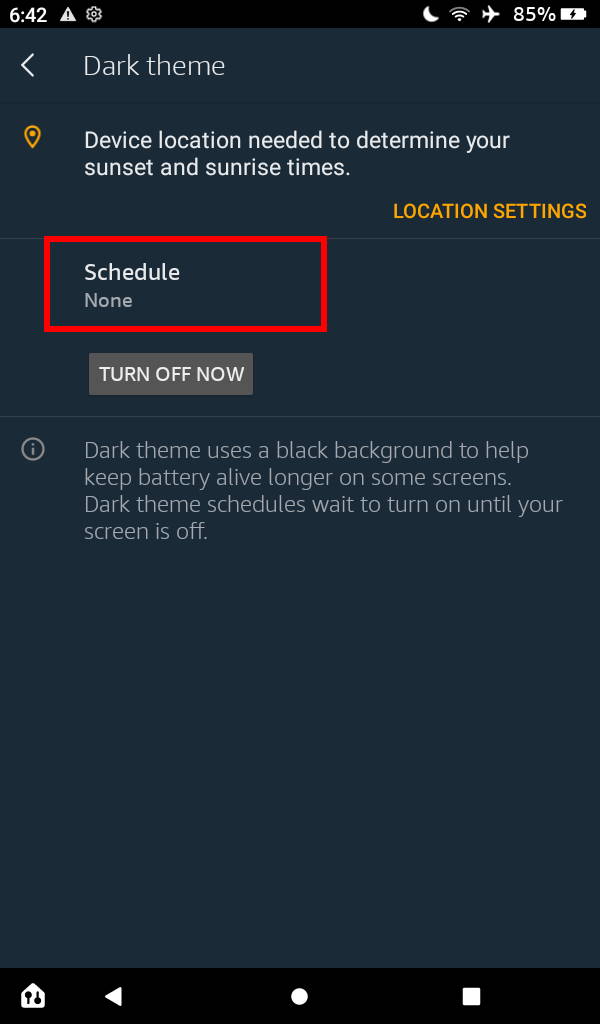 Dark Theme Settings page on Fire tablet